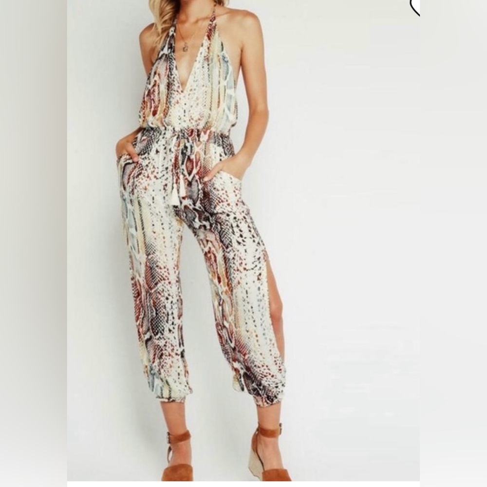 Olivaceous Green and cream Jumpsuit with V-Neck and Wide-Leg Design